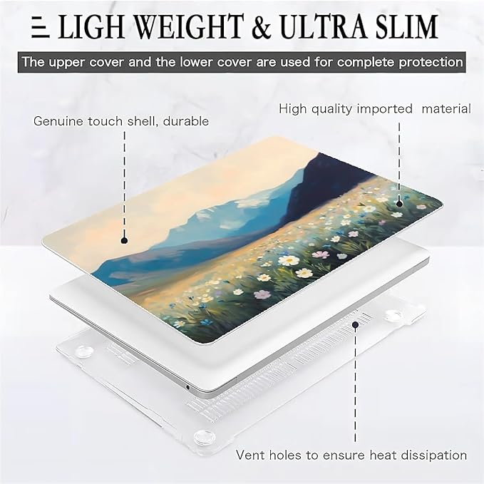 Compatible with MacBook Air 13.3 13.6 Inch Case 2022 2021 2020 2019 Plastic Hard Shell Case Cover,13.6 Air (A2681) M2 2022, Wildflowers and Mountains