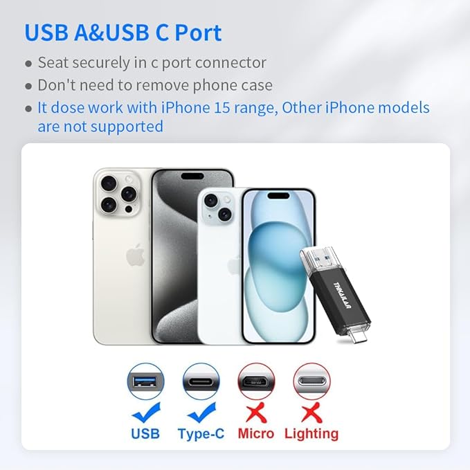 Thkailar USB C Flash Drive 256GB-USB Flash Drive with Type C and Type A 3.1 Port Compatible with Android Phone/PC/Mac Pro-Transfer Data(Black)