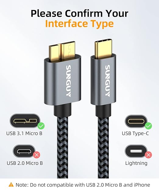 SUNGUY 10Gbps Micro B to USB C Hard Drive Cable 6FT, USB 3.1 USB C to Micro B, High-Speed External Hard Drive USB C Cable for iPhone 16 15 Pro/Pro Max, MacBook Pro/Air, WD Toshiba Westgate Seagate
