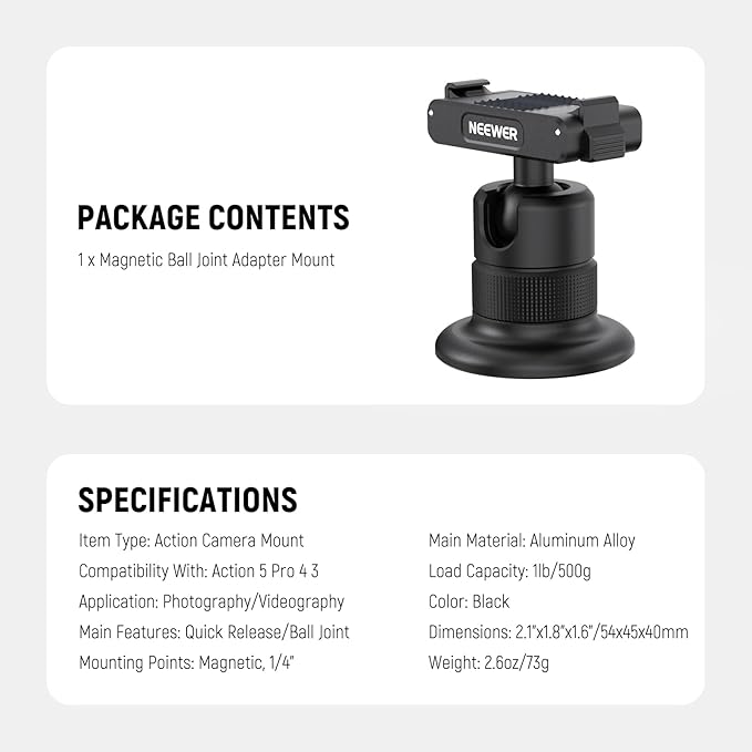 NEEWER Magnetic Camera Mount Compatible with DJI Osmo 360 / Action 5 Pro / 4/3, 360° Quick Release Ball Head Adapter Mount with 1/4" Thread for POV Shots, Camera Cage, Selfie Stick, Tripod, AC013