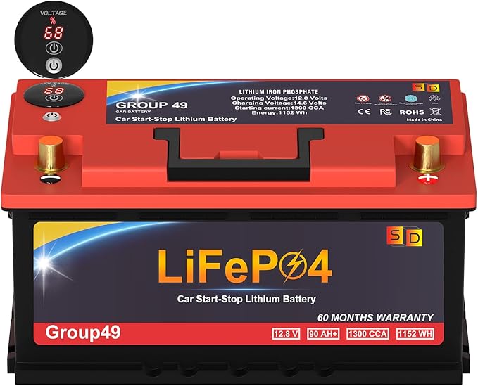 Car Battery GROUP 49 Start and Stop Lithium-ion Car Battery, 12.8V 90Ah 1300CCA LiFePO4 Automotive Battery For Car, With LED Display and Emergency Start Button 60 Months Warranty