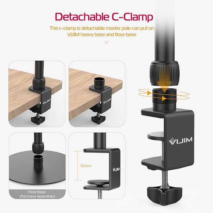 PICTRON LS10 Camera Desk Mount Table Stand with 1/4" Ball Head, 16"-33.8" Adjustable Light Stand, Tabletop C Clamp Arm for DSLR Camera, Ring Light, Live Streaming, Photo Video Shooting