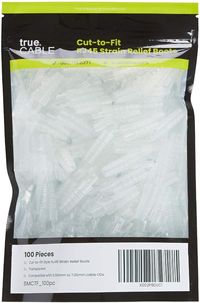 trueCABLE RJ45 Strain Relief Boots, Small 5.5 to 7.0mm Cut-to-Fit PVC Plug Cover, Transparent, 100 Pieces