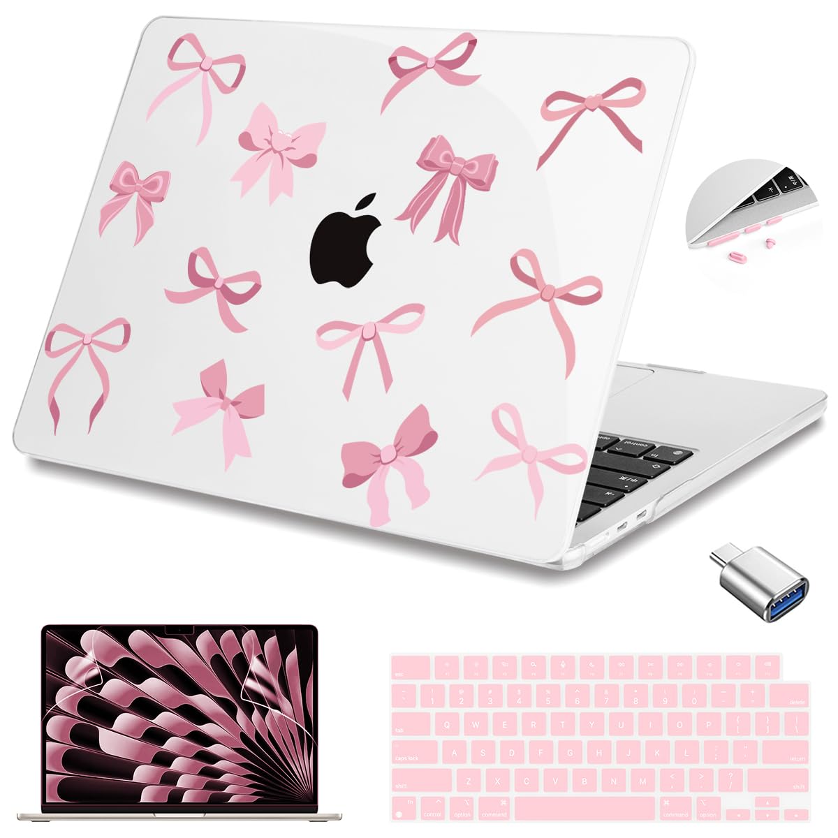 Teryeefi for M4 M3 M2 MacBook Air 15 inch Case 2025 2024 2023 Release fits Model A3241 A3114 A2941, Design Hard Shell Cover & Keyboard Cover & Screen Protector & OTG Adapter - Cute Pink Bows