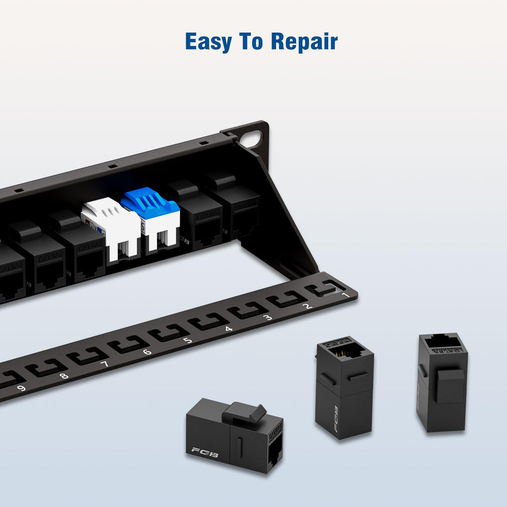 FGB 24 Port Cat6A Keystone Patch Panel, 19" Rackmount or Wall Mount, 1U with Back Bar, Network Patch Panel for Gigabit Ethernet