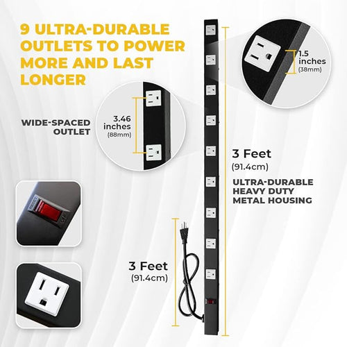 9 Outlets 3 Feet Power Cord 3 Feet Body Opentron OT3093 Heavy Duty Metal Surge Protector Power Strip with Mounting Parts - Free End Caps for Shipping Protection Only