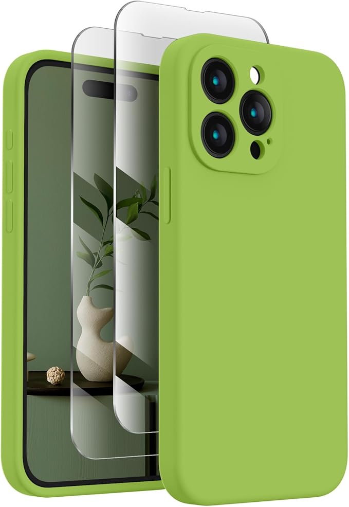 FireNova Designed for iPhone 15 Pro Max Case, Silicone Upgraded [Camera Protection] Phone Case with [2 Screen Protectors], Soft Anti-Scratch Microfiber Lining Inside, 6.7 inch, Sprout Green