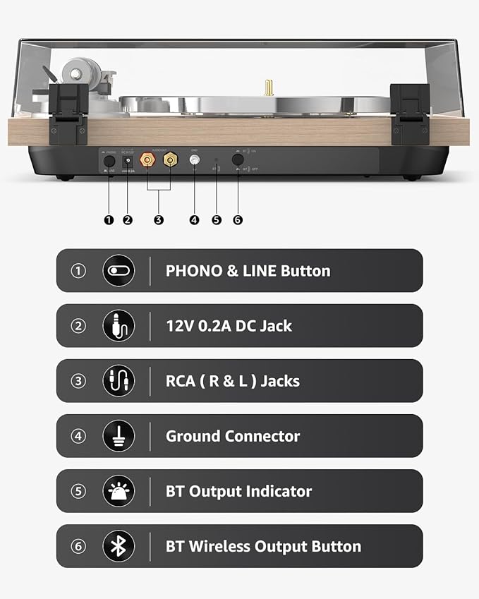 Turntable Record Player Wireless Output Carbon Fiber Tonearm Vinyl Player Aluminium Platter Belt-Drive LP Turn Tables 33 1/3&45 RPM Audio Phono RCA Line Out AT-3600L MM Cartridge Pale Walnut White