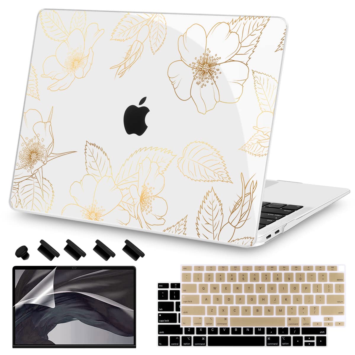 Teryeefi for MacBook Air 13 inch Case 2021 2020 2019 2018 Release (Model A2337 A2179 A1932 Retina Display with Touch ID), Plastic Hard Shell Case & Keyboard Cover for MacBook Air 13 M1, Gold Flowers