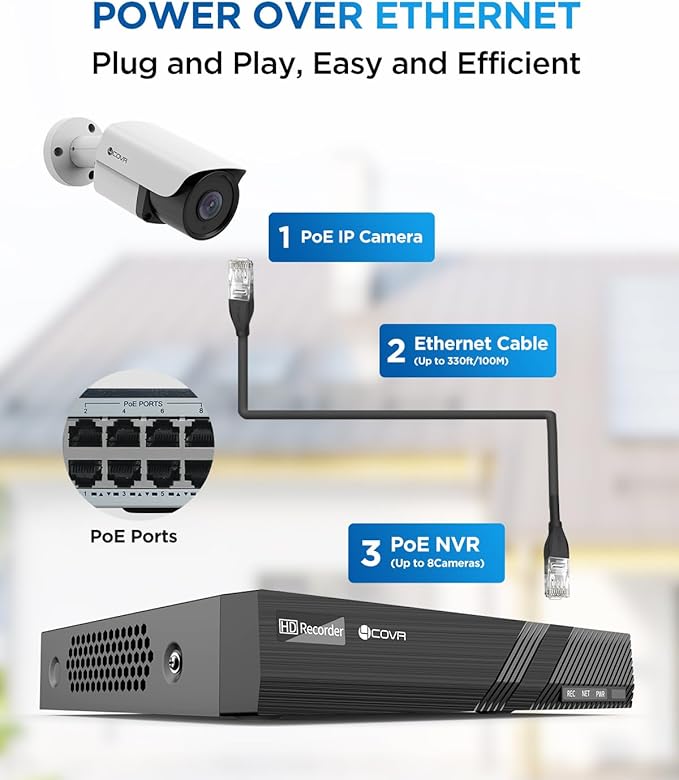 4COVR Security Camera System with Audio, 8CH 8MP H.265 UHD NVR with 2TB HDD, 4Pcs 5MP Wired Bullet PoE IP Camera IP67 Home Weatherproof, Person Vehicle Detection & Night Vision, LY37EB5M0804