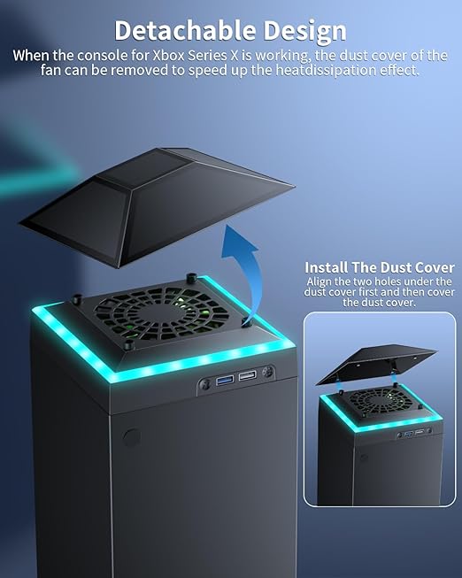 MENEEA Cooling Fan Dust Proof for Xbox Series X Console with Colorful Light Strip,Dust Cover Filter,Rubber Dust Plugs,Low Noise Top Fan with 3 Gears,Cooler&Light Independent Touch Switch, 2 USB Port
