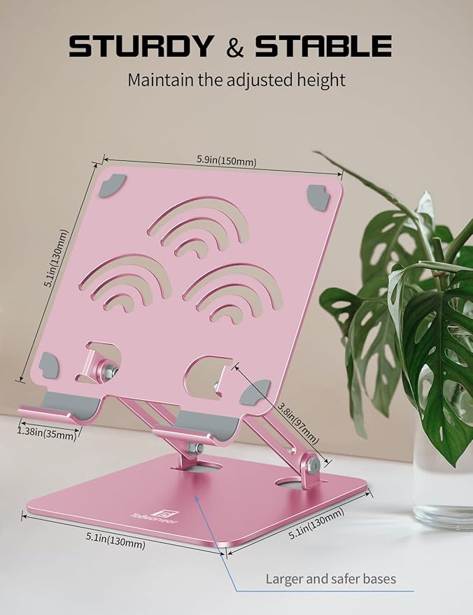ToBeoneer Adjustable Tablet Stand for Desk, Premium Aluminum Holder for iPads, Tablets, Kindles, Switch, Phones, and All Devices up to 12 Inches. Portable and Foldable, Pink, Pro Size