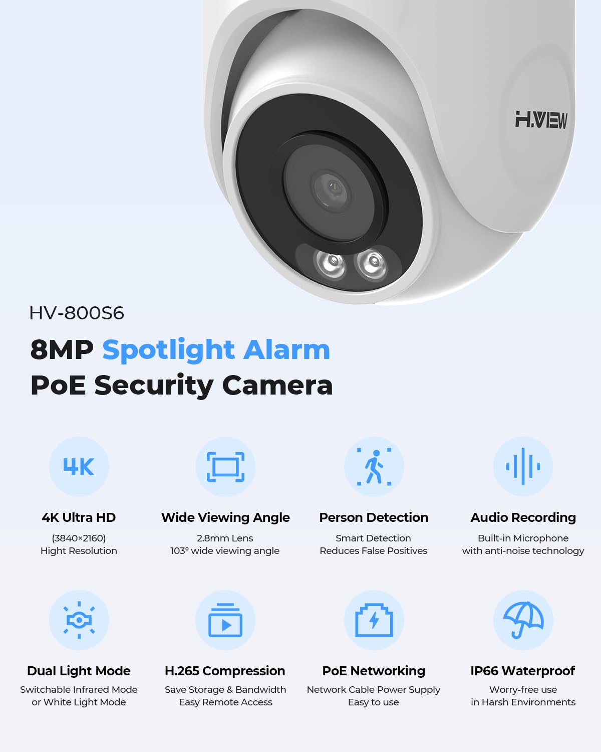 H.VIEW 8MP Security Camera System 4TB HDD, 8pcs POE Security Camera System 4k Outdoor, 8X 8MP Wired Outdoor IP Cameras with Two-Way Audio, Human AI Detection, Cameras System for Home Security
