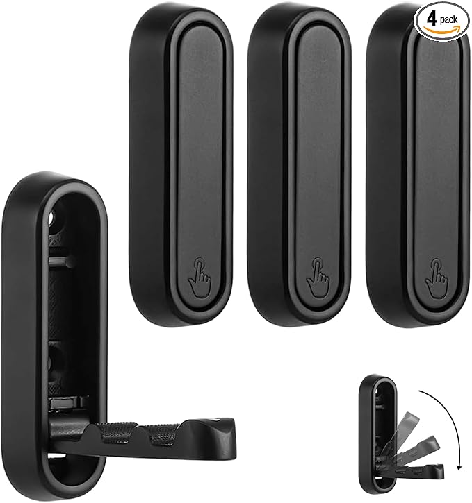 4PCS Gold Foldable Wall Hooks, Metal Folding Hooks Wall Mount, Easy Installation, Suitable for Bathroom Kitchen, Flip Down Hook for Wal l Hanging Coat, Bag, Towel, Key, Hat (Black)