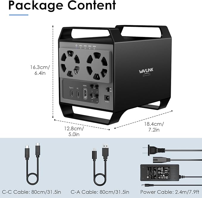 WAVLINK 4-Bay Hard Drive Enclosure for 3.5" and 2.5'' SATA HDD/SSD Featuring 10Gbps USB-C 3.2, Max 88TB Capacity, Built-in Temp-Controlled Cooling Fans, 4K HDMI Stunning Video Output, Aluminum Shell
