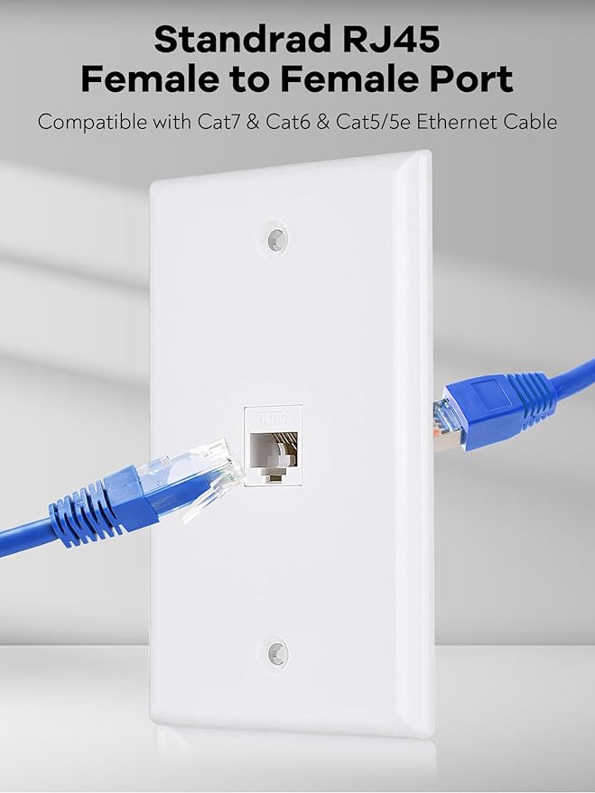 Ethernet Wall Plate, 1 Port Cat6 RJ45 Keystone Inline Coupler Wall Plate for Cat7/6/5/5e Ethernet Devices - White