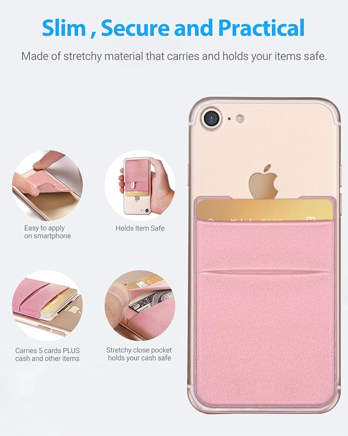 2 Pack Stick On Wallet Sleeve Cell Phone Dual Pocket Card Holder Double Pocket Pouch for iPhone Android Smartphone (2Pack PINK)