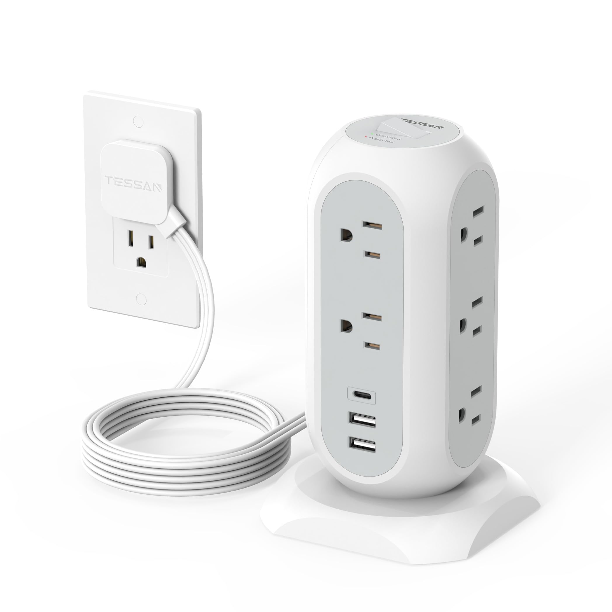 TESSAN Tower Power Strip Flat Plug with 1050J Surge Protection, 6 Ft, Grey