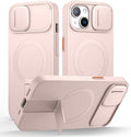 SURITCH for iPhone 13/14 Case with Magnetic Camera Slide Cover and Adjustable Kickstand, Compatible with MagSafe, Shockproof Bumper Case Slim Protective Cover for iPhone 13/14 6.1 Inch, Pink