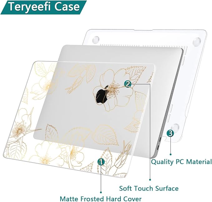 Teryeefi Compatible with 2018 2019 2020 MacBook Air 13 inch Case M1 Chip A2337 A2179 A1932 Retina Display Touch ID, Plastic Hard Shell & Keyboard Cover & Screen Protector,Gold Floral Leaf