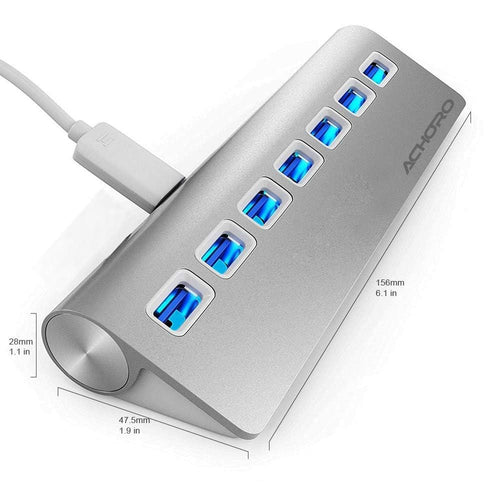 Achoro 7 Ports USB 3.0 Hub, Triangle Aluminum Alloy USB Port Expander, High-Speed USB Splitter for Computer, PC, iMac, MacBook, Windows, Desktop, Laptop – Multi USB Hub