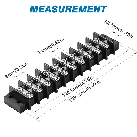 GLOSO Terminal Blocks Double Row Stainless 11 mm Pitch TBC, Marine Grade, 12-22 AWG Cu, 25A/300V - 1 Pack, 10 Poles
