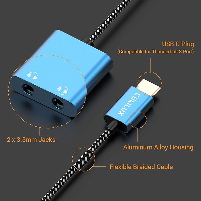 Cubilux USB C Dual Headphones Adapter, Type C to Double 3.5mm Earphone Audio Splitter Compatible with iPhone 16/15, iPad Pro 13/12.9/11 iPad Air 13/5th/4th, Samsung S25/S24/S23 Tab S10/S9/S8