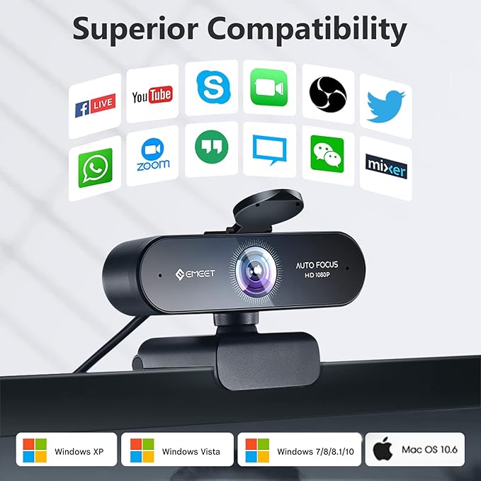 1080P Webcam with Microphone, eMeet Nova AutoFocus HD Webcam, 96°View Web Camera w/ 2 De-Noise Mics for Laptop/Desktop, Plug & Play USB Streaming Computer Camera for Conference/Calling/Teaching/Gaming