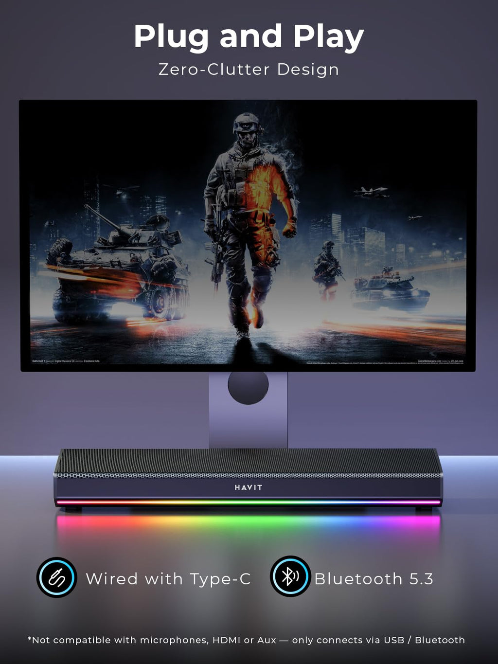 havit Computer Speakers for Desktop PC, Bluetooth 5.3 Pc Soundbar with Dynamic LED Light, HiFi Stereo, Poratble Bluetooth Speaker, Gaming Speakers for PC, Laptop,Tablet