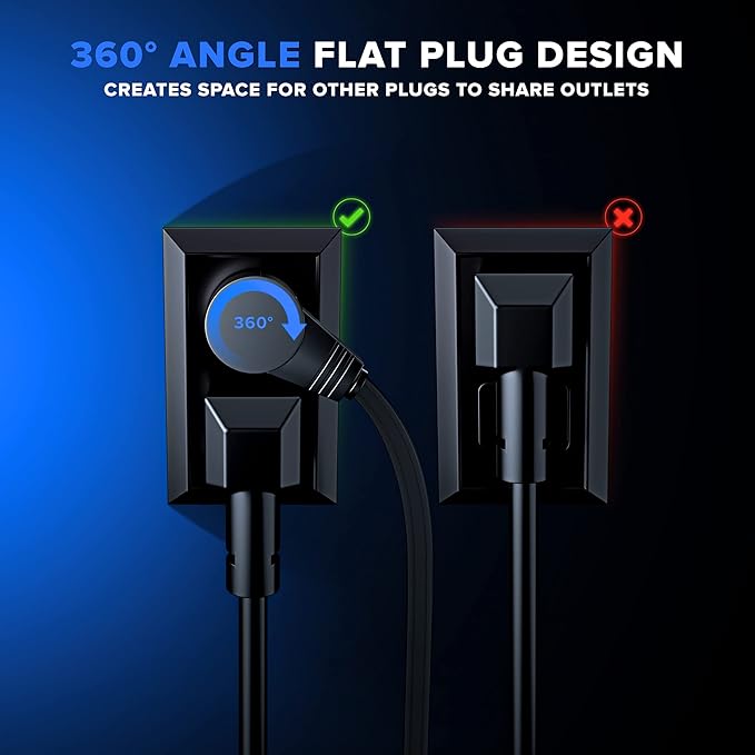 Maximm Cable 15 Ft 360° Rotating Flat Plug Extension Cord/Wire, 16 AWG Multi 3 Outlet Extension Wire, 3 Prong Grounded Wire - Black - UL Certified
