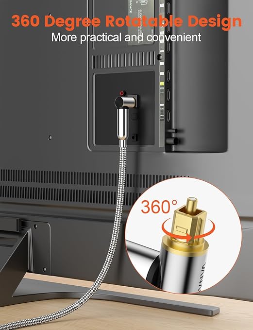 VANAUX 90-Degree Optical Audio Cable 3FT,Premium Fiber Optic Toslink Cable(24K Gold-Plated Connectors,Aluminum Alloy Shell,Braided Jacket)Ideal for Tight Spaces,Home Theater,Soundbars,Gaming Consoles