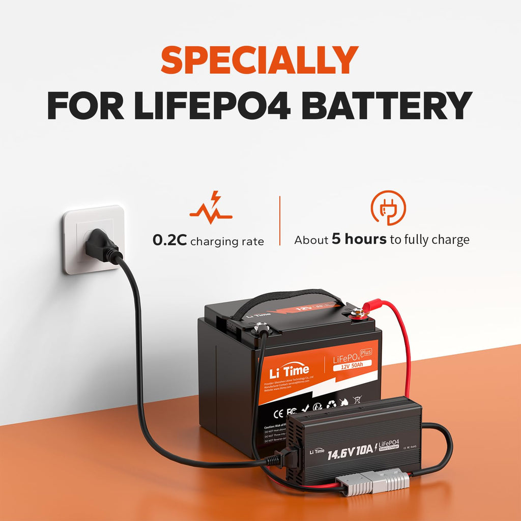 Litime 12V 50Ah LiFePO4 Deep Cycle Battery 14.6V10A Lithium Charger, 11.57lbs Ultra-Light RV Battery, 640Wh, Max. 15000+ Cycles, Safe&Reliable for Trolling Motor, Marine