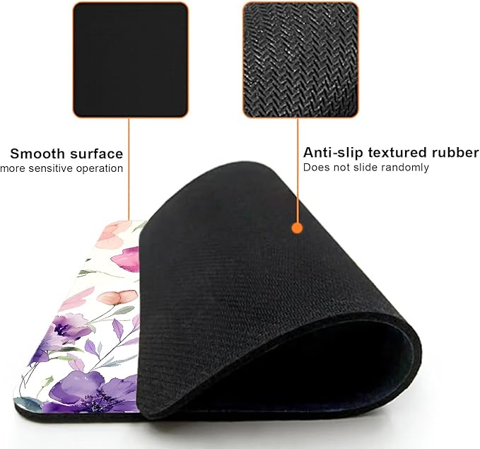 Mouse Pad, Cute Purple Watercolor Flowers Mouse Pads for Desk, 9.5" x 7.9" Non-Slip Rubber Base Computer Mousepad with Women, Portable Square Design for Wireless Mouse and Pad Laptop Office & Travel