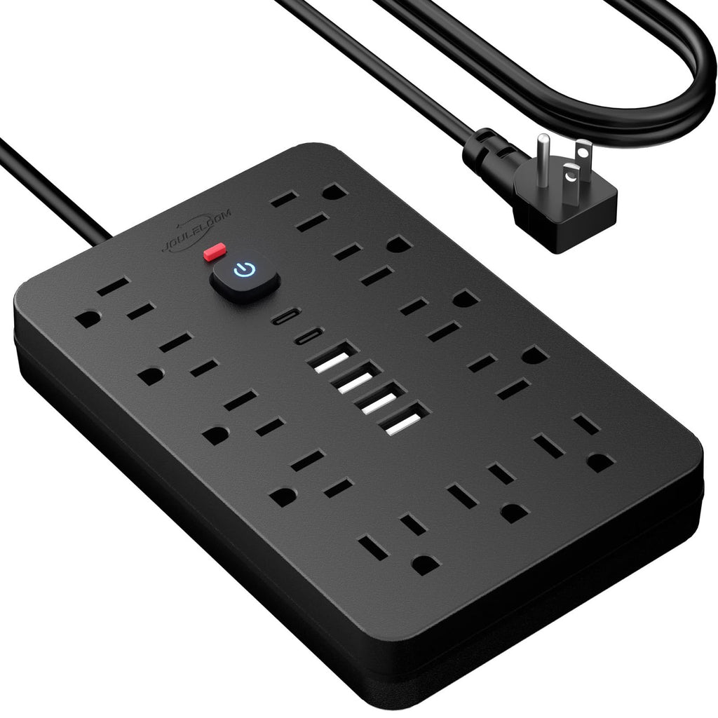JouleLoom 15 FT Flat Plug Surge Protector Power Strip,11 Multiple AC Outlets with 6 USB Ports (2 USB C), 15 Feet Extension Cord, 1250W/10A, One Touch Switch Button, 17 in 1 Compact powerstrip