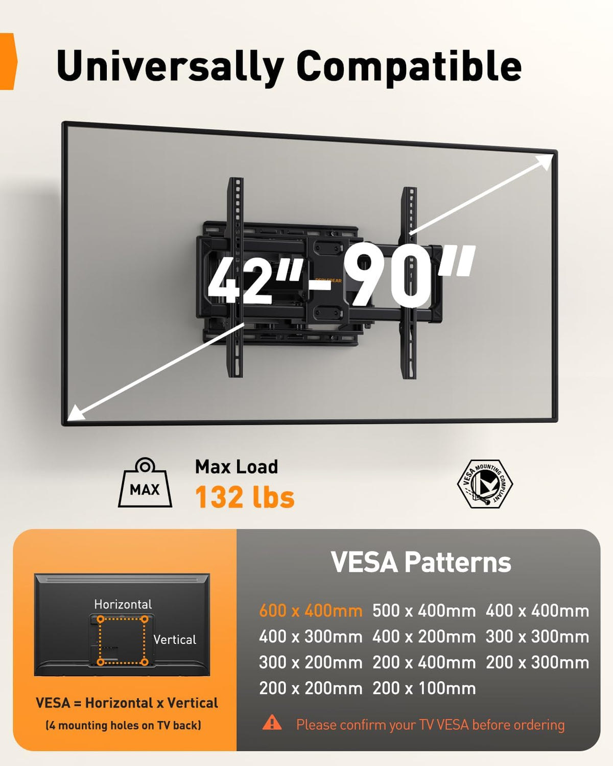 Perlegear UL Listed Full Motion TV Wall Mount for 42-90" TVs up to 132lbs