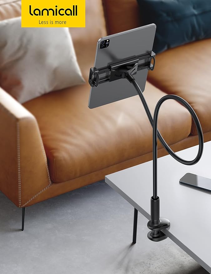 Lamicall Gooseneck Tablet Mount Holder for Bed - Flexible Tablet Arm Clamp for Bed Compatible with Pad Mini 7.9, Air 9.7, Pro 10.5, Kindle, Switch, Galaxy Tabs, More 4.7-11" Device - Black