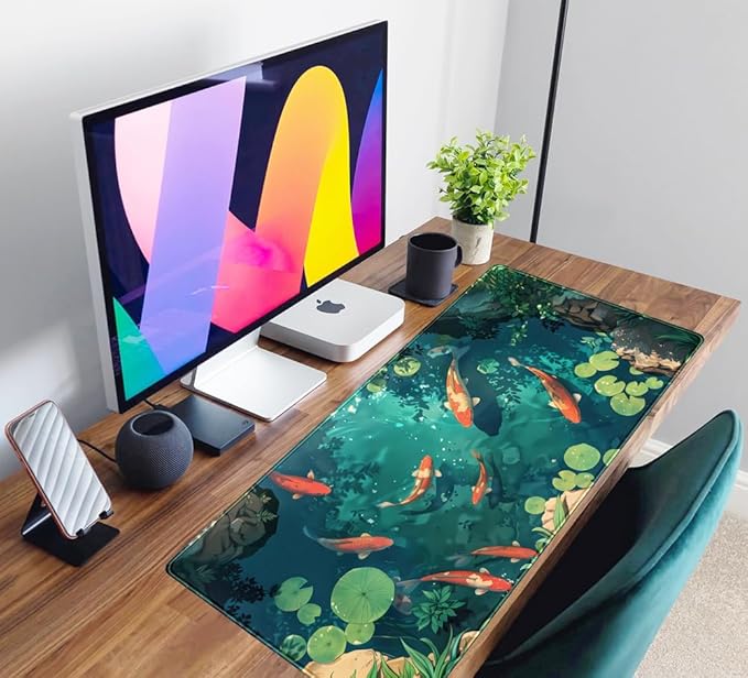 Koi Fish Desk Mat Gaming Koi Pond Desk Pad Large Cute Mouse Pad, Goldfish Mouse Mat XXL Laptop Keyboard Pad, Blue Waters Gamer Mouse Pad Full Mousepads Cool Office Accessories 31.5"x15.7"