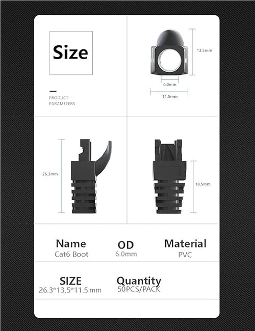 50 Pcs Cat5 Cat5E Cat6 Strain Relief Boot, RJ45 Plug Connector Cover Modular Network Plug Connector Cap Cable Connector Boots, Grey