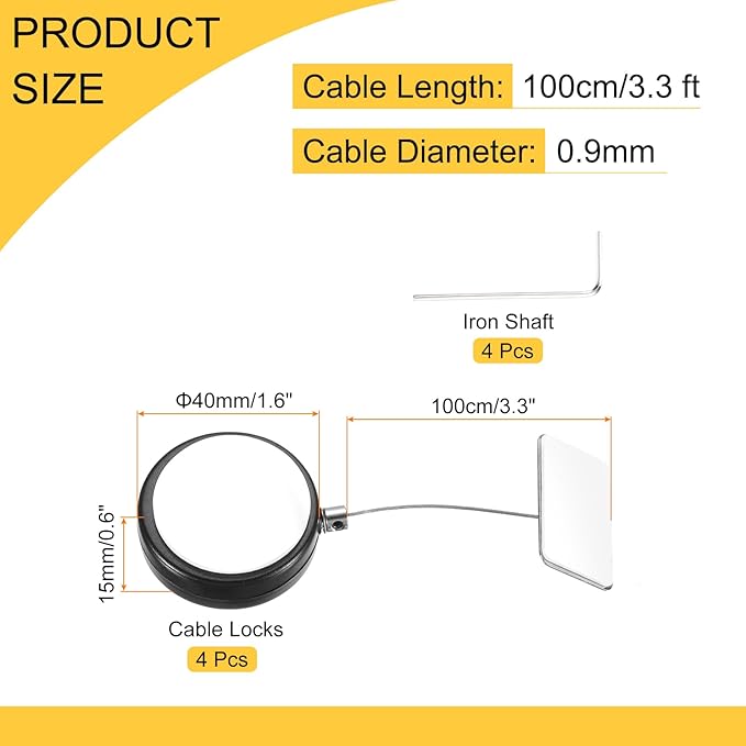 MECCANIXITY 3.3ft Retractable Cable Lock with Square Patch Remote Control Security Lock with Adjustable Cord Tether Anti Theft for Laptop, TV, 150 G, Black, 4 Pack