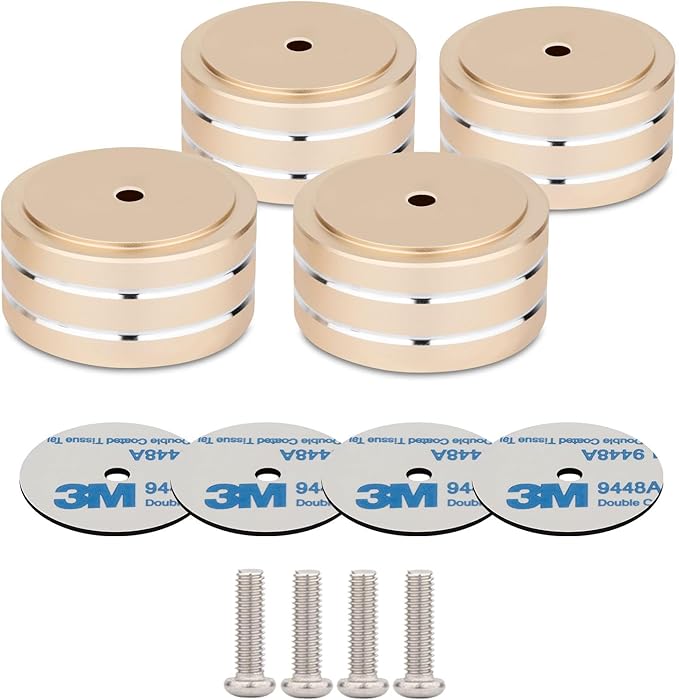 Monosaudio 4Pcs Audio Isolation Feet Turntable Feet 40x20mm Turntable Isolation Pad Replacement with Non-Slip Rubber Ring/3M Adhesives/M4 Screw for Speakers,Subwoofers,Amplifier,Turntable（Rose Gold）
