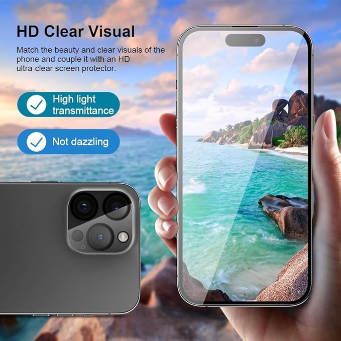 2 pack Full 9H+ 12FT Military Grade Glass Screen Protector for iPhone 15 Pro + 2 pack Camera Lens Protector with easy Installation Frame Case Friendly Shatterproof Tempered Glass 9H+ Hardness HD Clear Anti-Scratch Glass Full Edge Coverage (6.1) 15Pro