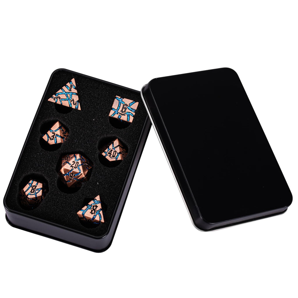 Maywin Cracked Rune Metal Dice Set for DND & RPG – Dark Fantasy Fractured Design, Premium Heavy Metal Polyhedral Dice with Deep Engraved Numbers, 7-Piece Set – Blue Arcane Vein