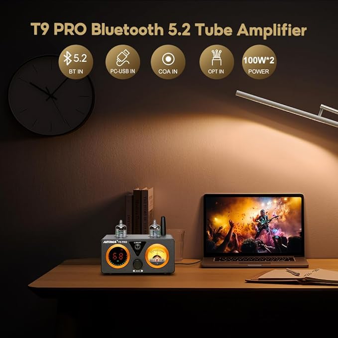 AIYIMA T9 PRO 200W Bluetooth Amplifier HiFi Digital Class D Power Amp 2.0/2.1 Channel Vacuum Tube DAC Amp with VU Meter & Bass Treble Bluetooth 5.2 Coaxial Optical PC-USB inputs