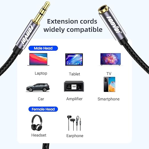 FONVOi15FT 3.5mm Aux Jack Audio Extension Cable,Male to Female,TRS Headphone Extension Cable Compatible with Heaphone, MP3 Players iPhone iPad Tablets Media Player