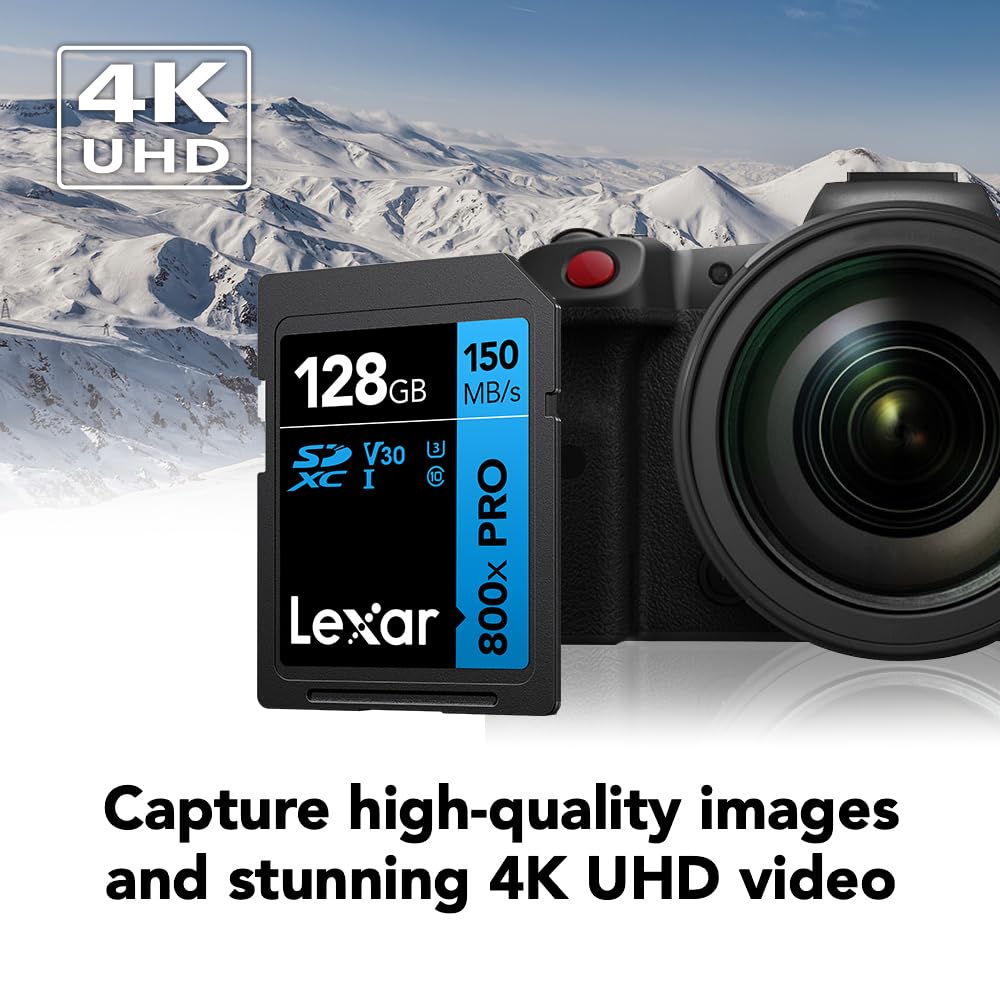 Lexar 128GB 800x PRO SD Memory Card, 150MB/s Read, 4K, V30, U3, UHS-I