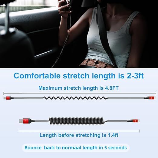 USB to USB C Cable Fast Charging 3ft, 2Pack Coiled USB C Charger Cable for Car, Android Auto USB Type C Charger Cord, USB-C Cable Compatible with iPhone 16/15/Plus/Pro Max/Samsung Galaxy A20 S20 - Red