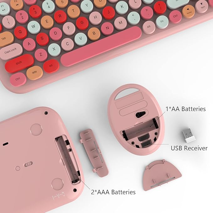 KNOWSQT Wireless Keyboard and Mouse Combo, Light Pink 100 Keys 2.4 GHz Round Keycap Typewriter Keyboards, USB Receiver Plug and Play, for Windows, PC, Laptop, Computer, Desktop