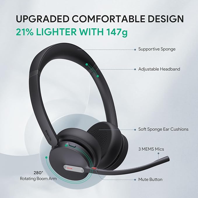 Yealink BH70 UC Wireless Bluetooth Headset with Microphone for Work, up to 35h Talking Battery, Teams UC Compatible Headsets for Computer Mobile, 147g Lightweight Headphone for Open Office 50m Range