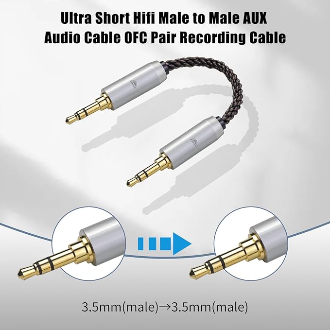 okcsc 3.5MM Male to 3.5MM Male Ultra Short Hifil Male to Male AUX Audio Cable OFC Pair Recording Cable Wire-Breakage-Prevention Design Adoption of 8-Core Braided Structure 5.82 inch