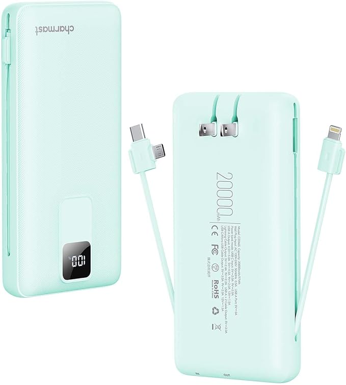 Charmast Portable Charger with Built-in Cables and Wall Plug, 20000mAh 20W USB C Power Bank Fast Charging Battery Pack Compatible with iPhone iPhone 16/15/14/13 Series, Samsung Google iPad etc